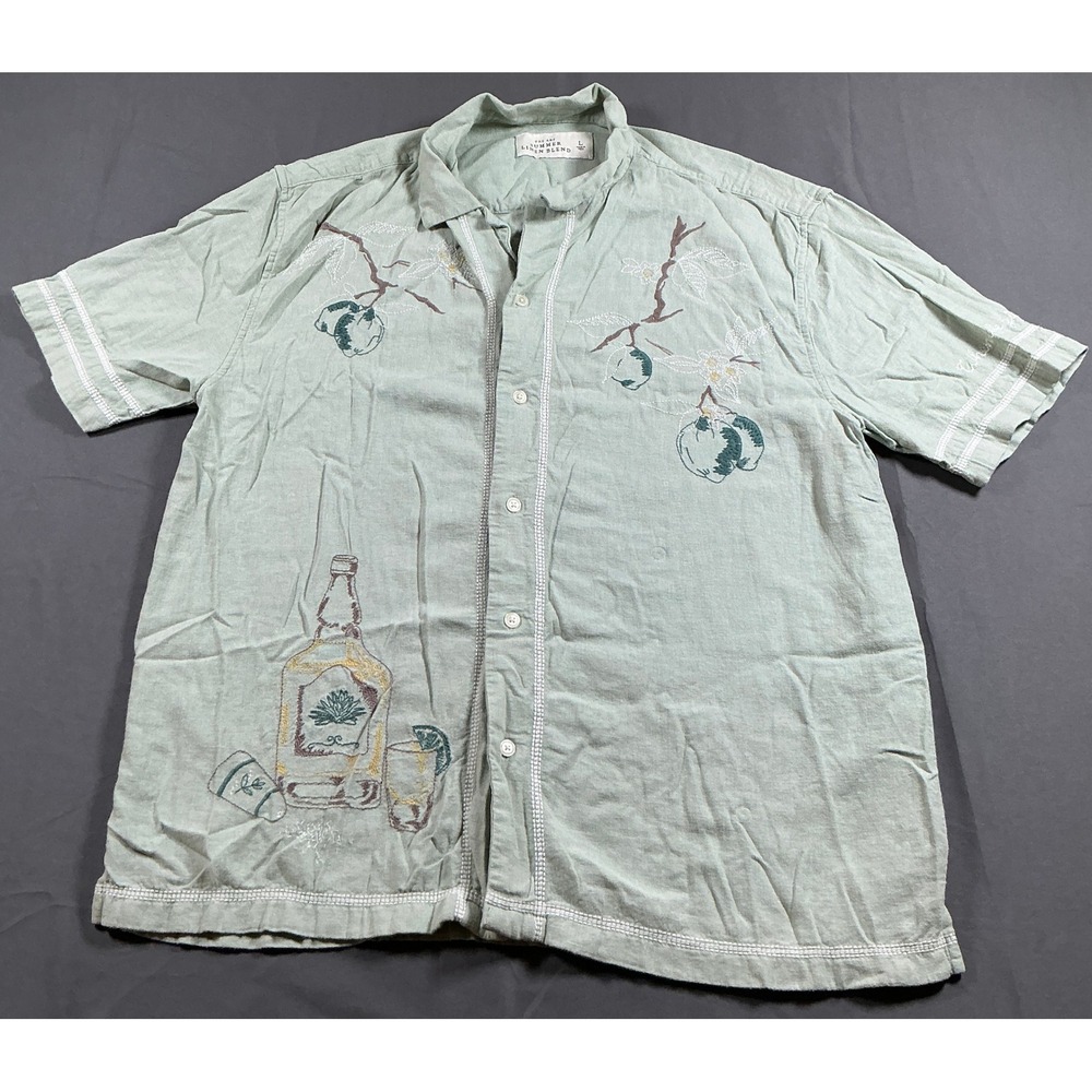 Abercrombie & Fitch Mens Linen Blend Tequila Lime Embroidered Camp Shirt Green L